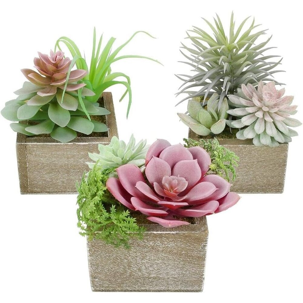 Succulent Plants Artificial 3 Pack Small Fake Plants in Wood Pot for Home Decor